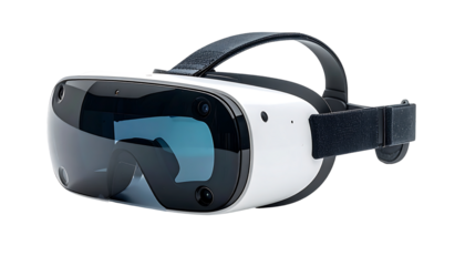 Sleek white VR headset with black accents, adjustable straps, and integrated cameras for immersive experiences