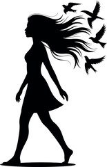 Silhouette of woman walking with birds escaping her hair vector