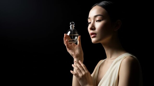 Woman holding perfume bottle against dark background