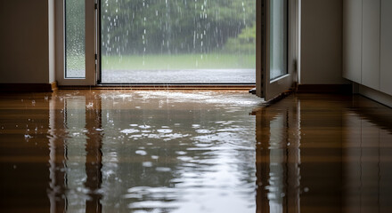 Rain falling in room through open doorway, flooded floor and water damage inside house interior, storm flooding home during heavy rainfall and climate disaster event