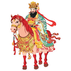 Fototapeta premium god of wealth on horseback, new year, asia, vector, transparent background, festival, god of wealth, horse, ride