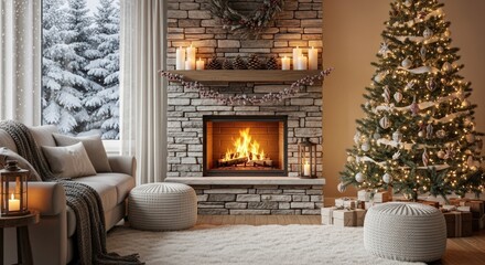 Fototapeta premium Cozy Christmas Eve living room featuring a fireplace and tree for a festive holiday mood