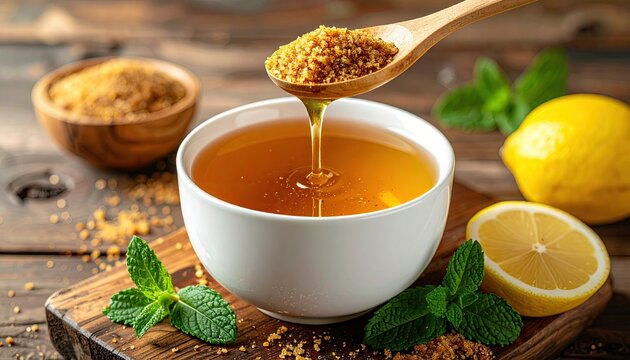 Sweet tea poured from wooden spoon into white bowl - Powered by Adobe