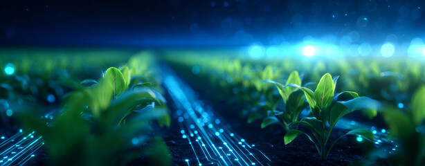 Futuristic agricultural system with crops and digital technology enhancing growth