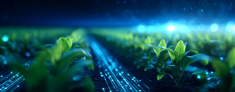 Futuristic agricultural system with crops and digital technology enhancing growth