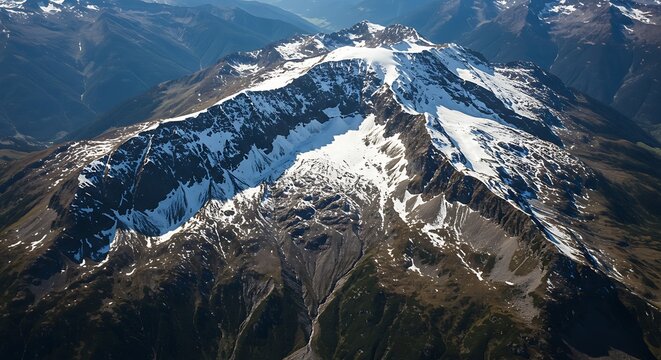 Aerial view of a snow-capped mountain range with rugged peaks and deep valleys