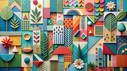 Obraz premium Whimsical collage of colorful paper cutouts creates a vibrant and playful abstract landscape, perfect for adding a touch of joy and creativity to any project