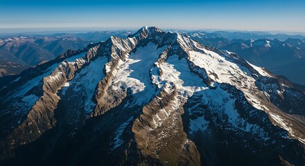Aerial view of a snow-capped mountain range with rugged peaks and deep valleys under clear blue sky