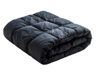 A dark-gray, rectangular quilted blanket, neatly folded, showcasing its puffy, insulated texture against a black background