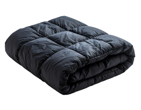 A dark-gray, rectangular quilted blanket, neatly folded, showcasing its puffy, insulated texture against a black background