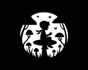 Whimsical child silhouette sitting on mushroom in enchanted forest scene vector