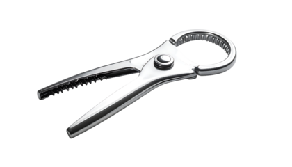 Polished stainless steel nutcracker with serrated jaws and a circular gripping mechanism