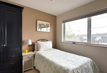 Cozy Single Bedroom with Large Window and Brown Accent Wall