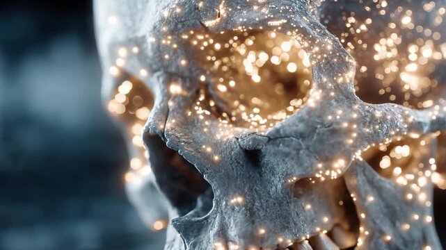 Cranial Luminescence: An illuminating macro view of a human skull is presented, with an overlay of golden lights enhancing the intricate details of the bone structure. This ethereal.