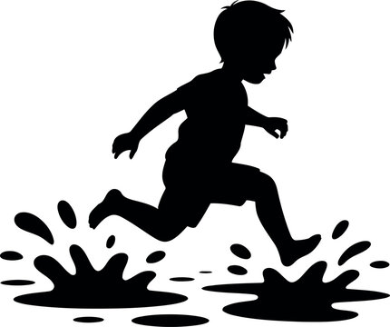 Joyful child silhouette jumping in mud puddles summer fun vector