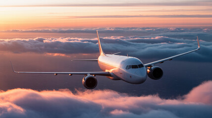 Commercial passenger jet airplane flying through soft clouds at sunset with warm golden light illuminating the aircraft
