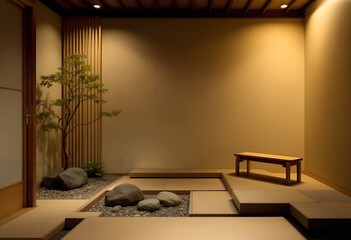 Serene Japanese Interior with Zen Garden Elements and Warm Lighting