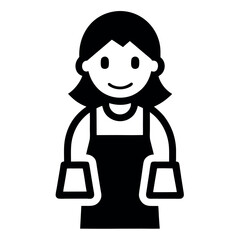 Stylized Woman in Apron Icon with Smiling Face and Square Pockets, Black and White