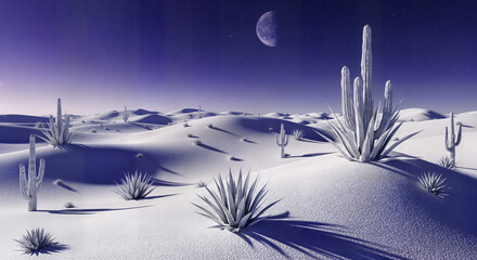 A surreal desert landscape under a starry night sky with a large moon, featuring snowcovered sand dunes and cacti