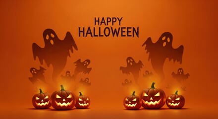 Create a spooky Halloween vibe with glowing pumpkins and ghostly silhouettes on orange
