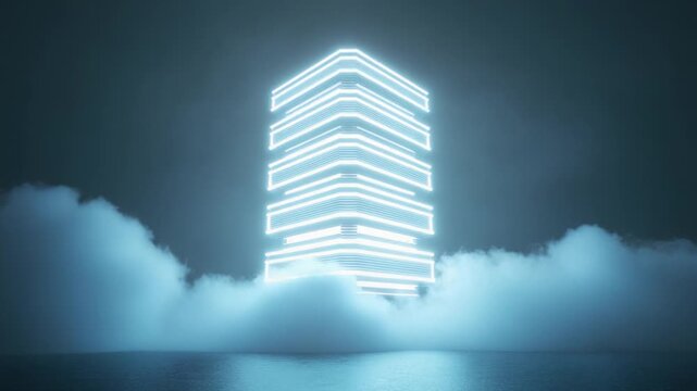 Futuristic neon blue server or data center tower rising from misty clouds over a calm water surface, representing concepts like cloud computing, big data, blockchain, and modern technology
