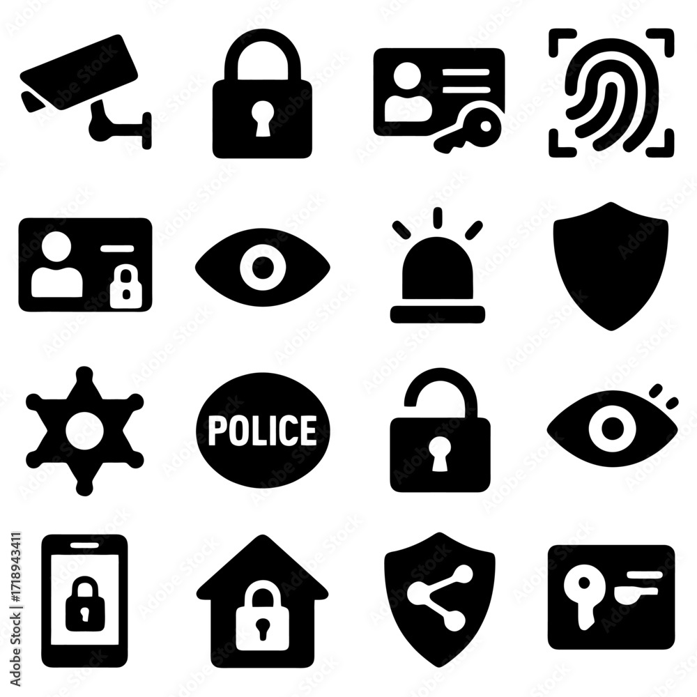 Poster security elements: a graphic display of various security icons, emphasizing protection, access contr