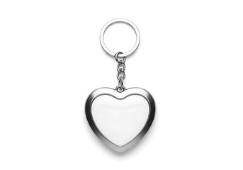 A shiny metallic heart shaped keychain with a blank surface for personalization isolated on white background