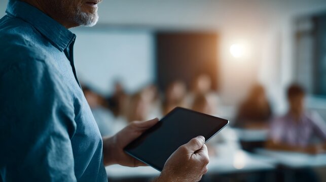 A male teacher holds a tablet presenting information to an attentive audience in a modern softly lit classroom