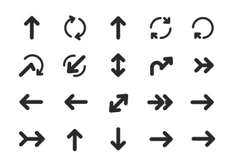 An array of 20 black arrow icons with diverse directions and styles arranged in a neat rectangular grid on a white background