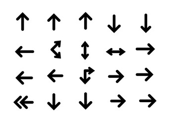 An array of 20 black arrow symbols pointing up down left and right along with angled and doubleheaded variants