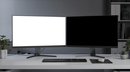 Modern dual monitor setup on a clean desk with keyboard and mouse ready for your creative content and productivity needs.
