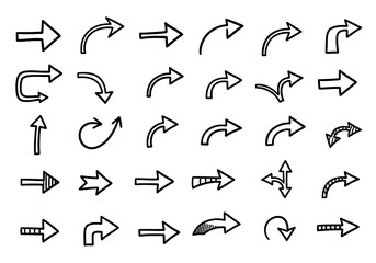 An array of 30 varied handdrawn black and white arrow illustrations