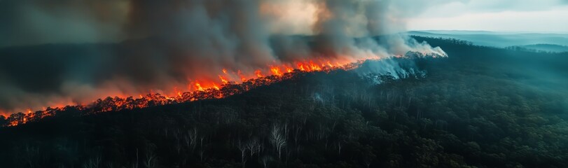 Fototapeta premium Wildfire Spreads Rapidly Across Forest Landscape During Late Afternoon Under Smoky Sky
