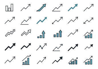 An array of growth graph icons with various upward trends some with bar graphs