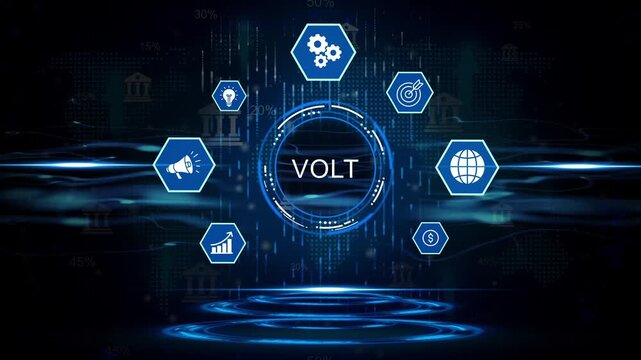 Digital technology concept with V O L T central hub surrounded by business finance and global network icons on a dark futuristic background with data streams and glowing effects