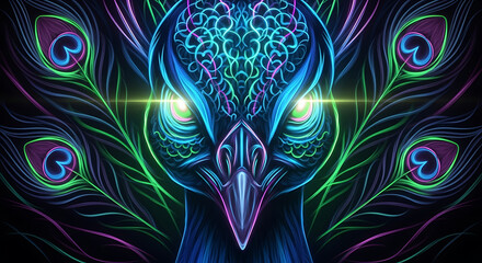 Neon Peacock Face Glowing Outline with Radiant Feather Colors