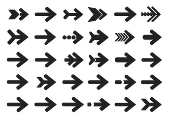 Collection of 30 black arrow designs pointing right arranged in rows set against a white background