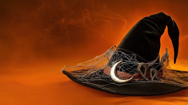 A velvet black witch hat with silver cobweb details, glowing with mysterious orange backlighting for Halloween.