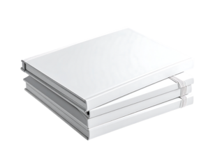 Three pristine white notebooks, stacked slightly askew, with subtle rounded corners and elastic closures, presented against a stark black backdrop