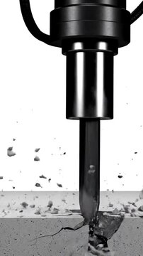 A black drill bit is impacting concrete causing it to crack and scatter debris against a bright white background