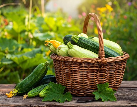 Freshly harvested zucchini and cucumbers in a basket in a garden setting