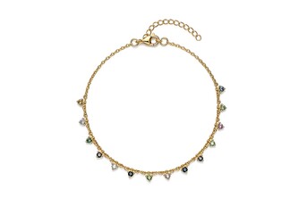 Delicate gold chain anklet with small colorful gemstone charms dangling isolated on white background