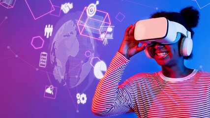A young woman joyfully explores virtual reality with a headset, surrounded by vibrant digital graphics, representing the excitement of immersive technology experiences. Raster - Powered by Adobe
