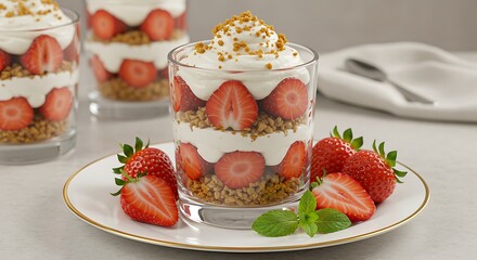 A beautiful and appetizing shot of a strawberry and cream dessert with a cookie crumb topping