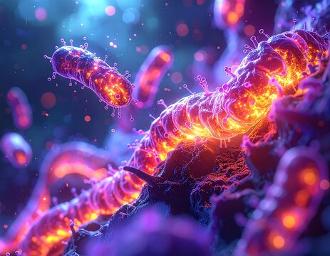 Microscopic organisms in vibrant neon colors