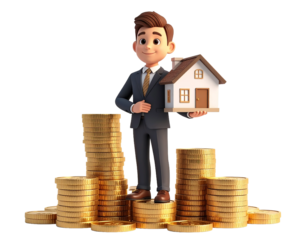 Businessman holding house model standing on gold coins for real estate investment and property finance concept