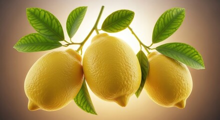 Fresh organic lemons hanging on a branch with green leaves serene natural light background