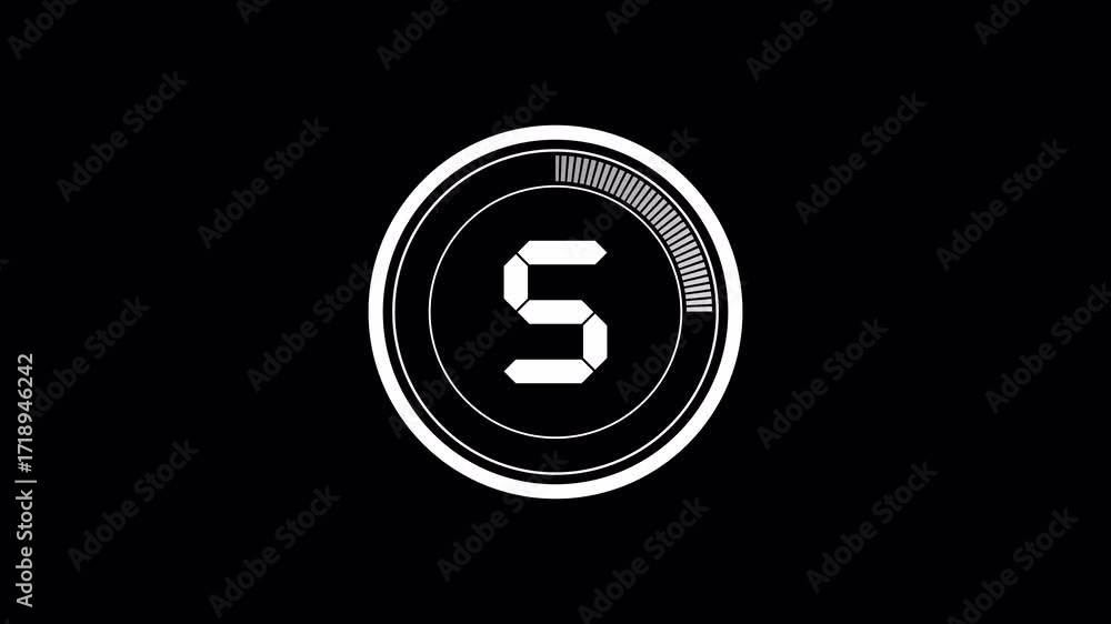 Poster 5 seconds countdown timer, minimalist white circular animation and number countdown on black backgro