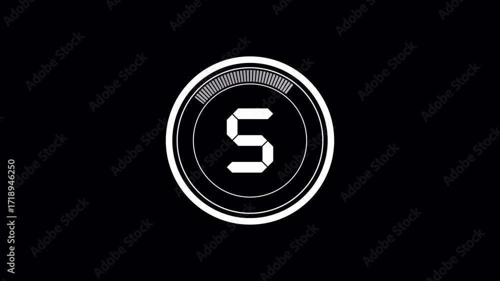 Poster 5 seconds countdown timer with white circular animation and number countdown on black background, 0 