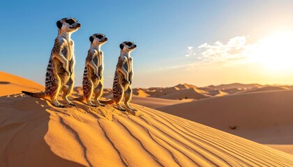 Meerkat trio on desert dune at sunset (1)